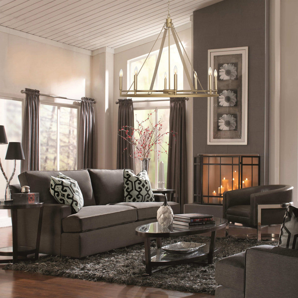 8 Light Wagon Wheel Candle Style Chandelier, Brass Dust