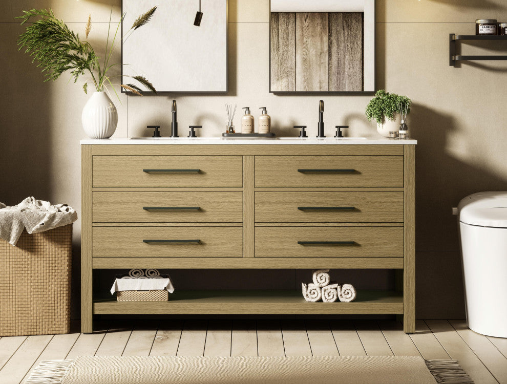 Home Living 60" Double Bathroom Vanity, Honey Brown