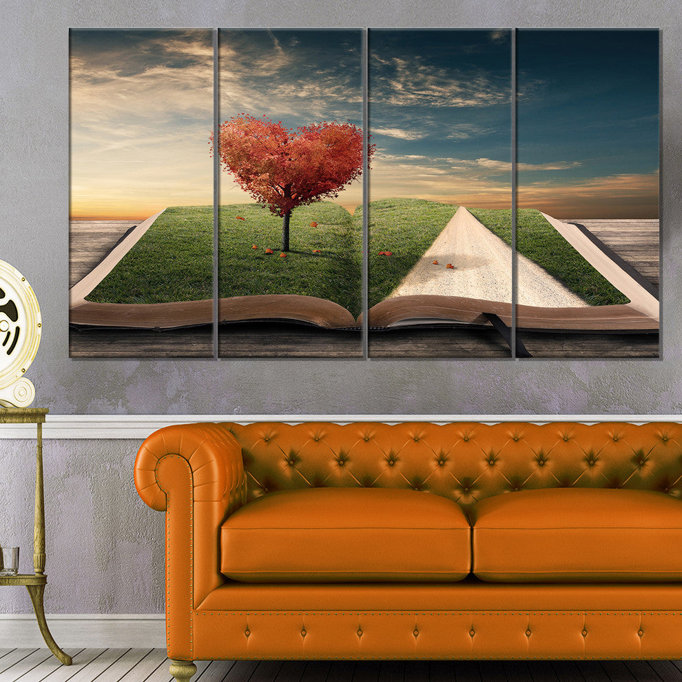 Amazing Heart Tree and Book, Abstract Canvas Artwork, 48"x28", 4 Panels