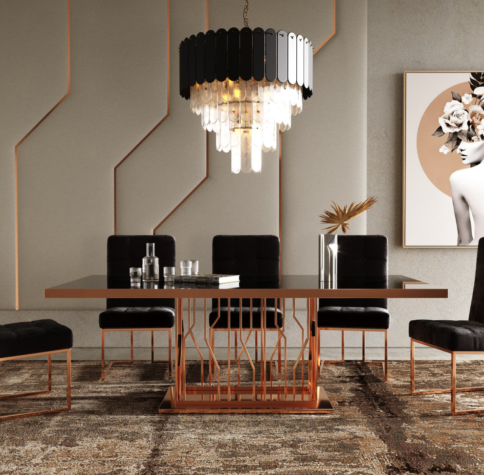 Modrest Marston Modern Black Glass and Rosegold Dining Table