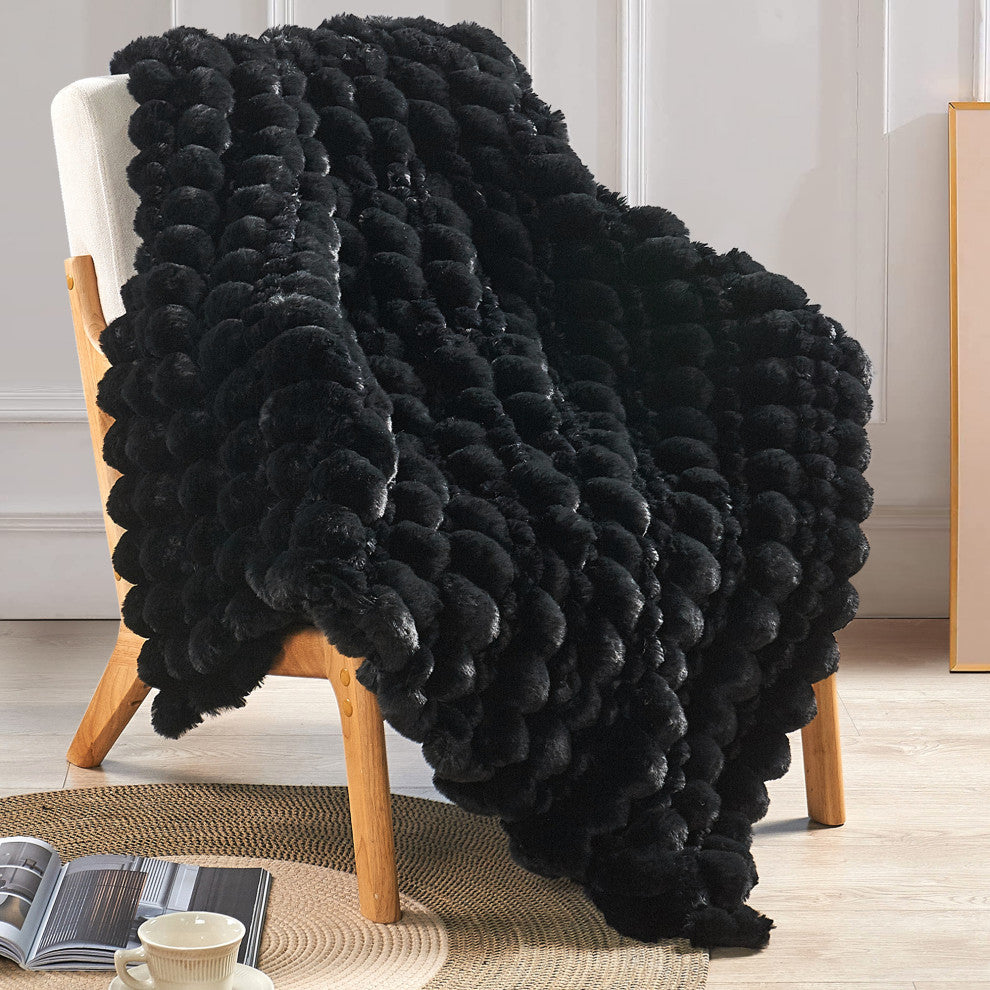 Spandex Bubble Faux Fur Throw Blanket, Black