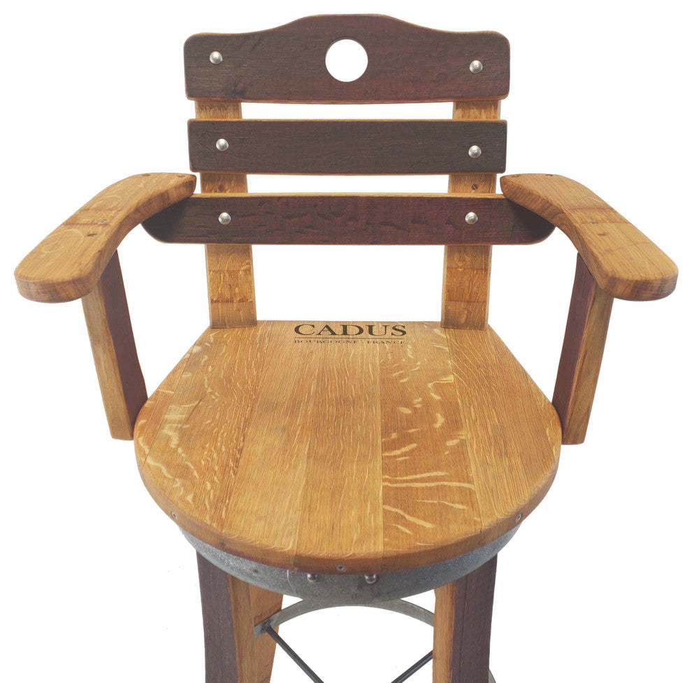 Swivel Top Wine Barrel Bar Stool With Stave Backrest, 30" Sit Height, Inverted Leg Style