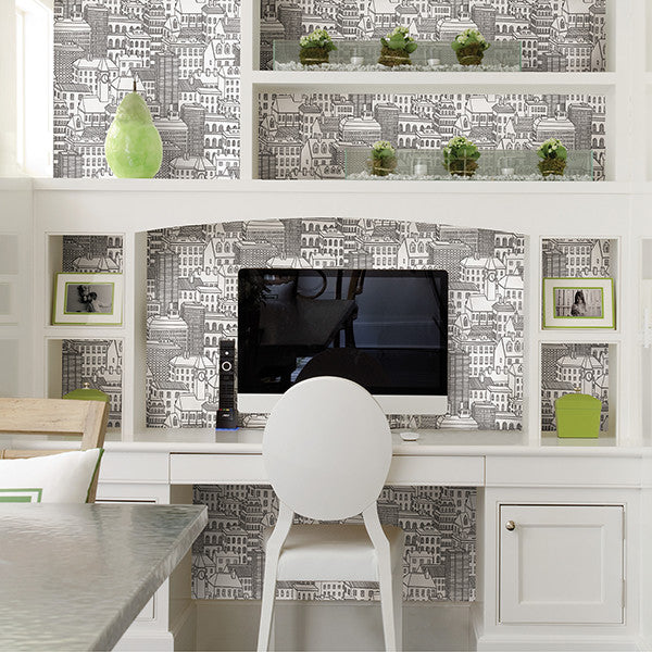 Illustrated Cityscape Wallpaper, Black & White, Sample