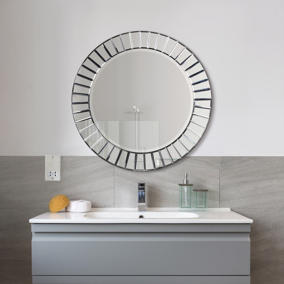 Beveled Round Wall Mirror,Solid Wood Frame, 0.75"-Beveled Center Mirror,32"x32"