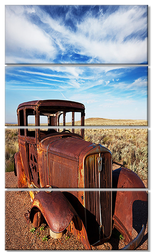 Vintage Car under Bright Blue Sky, Abstract Canvas Artwork, 28"x48", 4 Panels