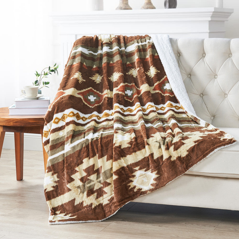 Southwest Faux Fur & Sherpa Backing Throw Blanket, Coffee, 60" X 80"