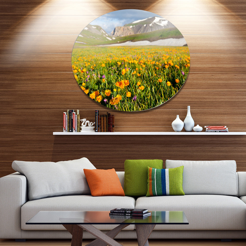 Mountain Plain With Wild Yellow Flowers, Flower Disc Metal Artwork, 23"