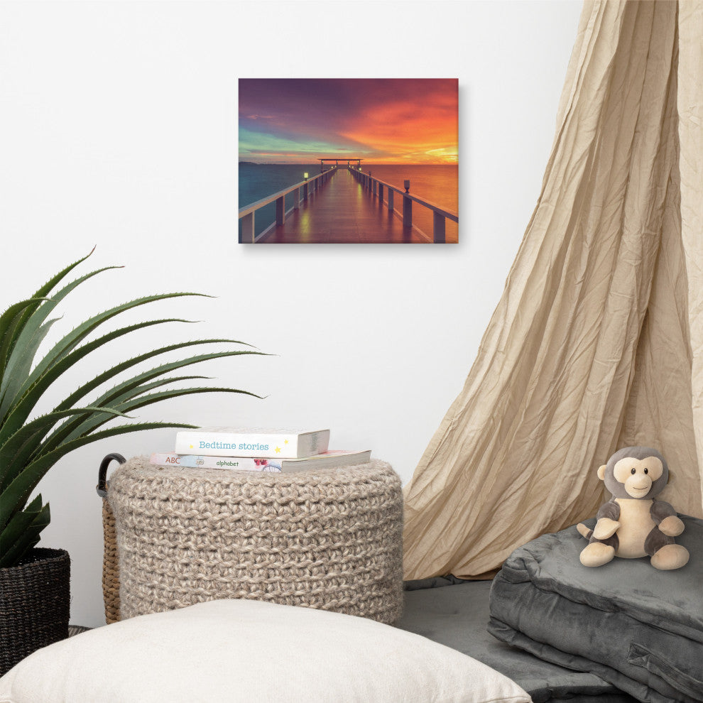 Surreal Wooden Pier At Sunset Intrigued Landscape Photo Canvas Art Print, 12" X 16"