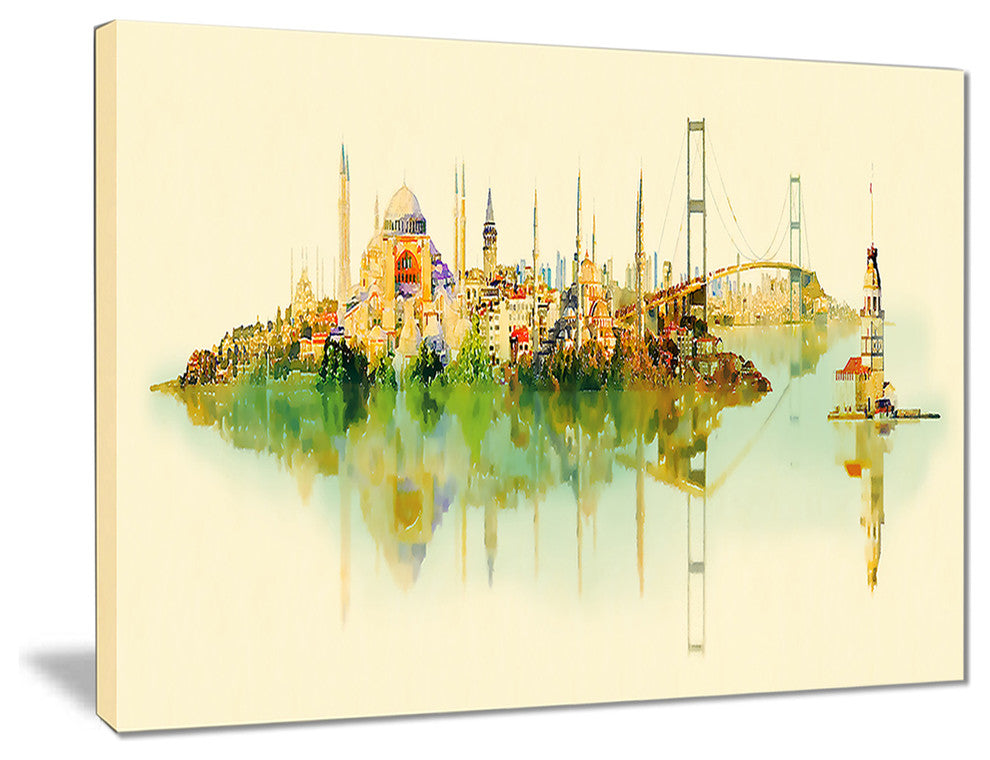 "Istanbul Panoramic View" Cityscape Watercolor Canvas Print, 20"x12"