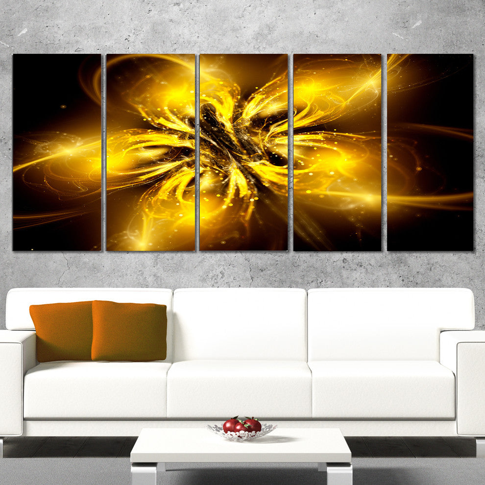 Shiny Gold Fractal Flower on Black, Floral Canvas Print, 60"x28", 5 Panels