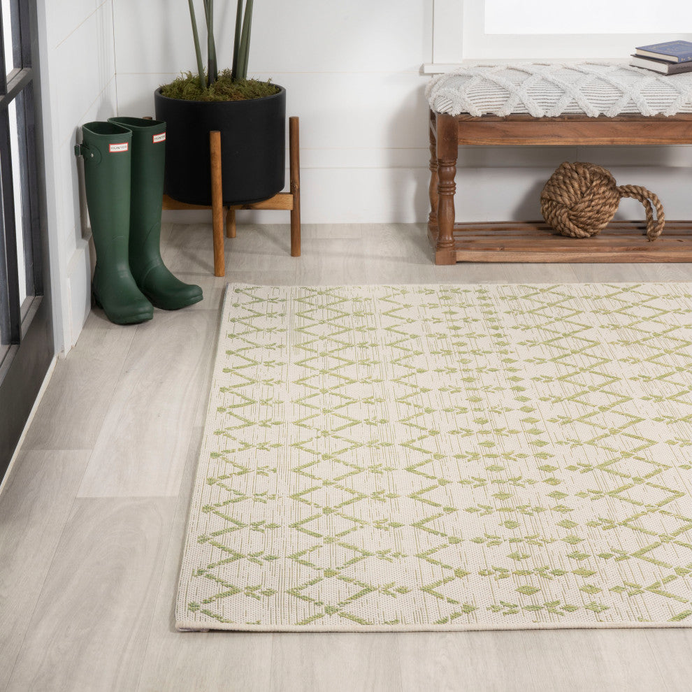 Ourika Moroccan Geometric Indoor/Outdoor Rug, Cream/Green, 8x10