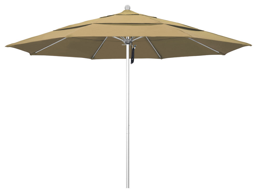 11' Silver Anodized Pulley Lift Fiberglass Rib Aluminum Umbrella, Olefin, Champagne