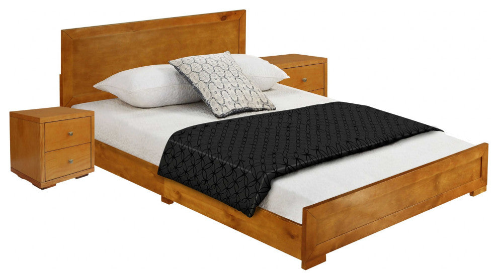 Moma Oak Wood Platform Queen Bed With Two Nightstands