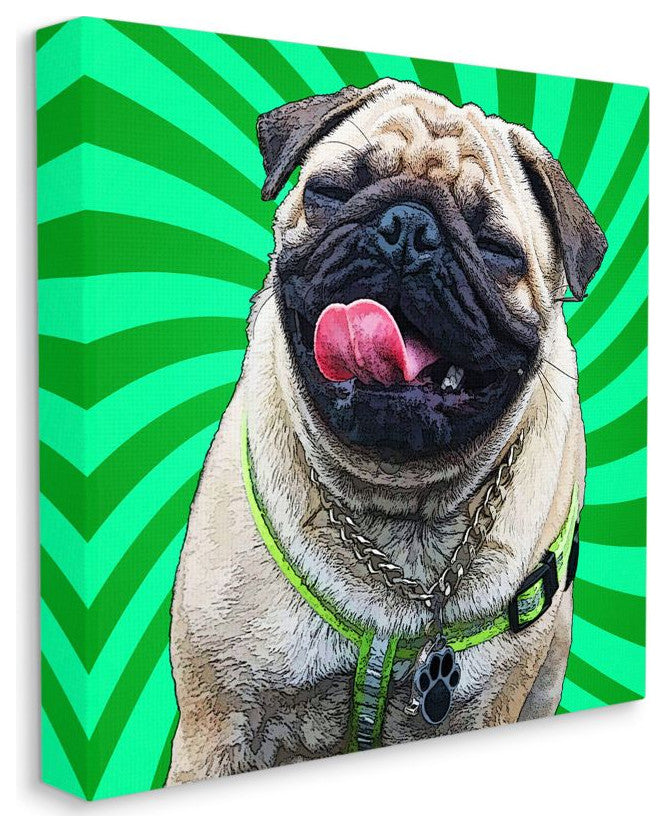 Happy Pug Portrait over Vibrant Green Spirals24x24