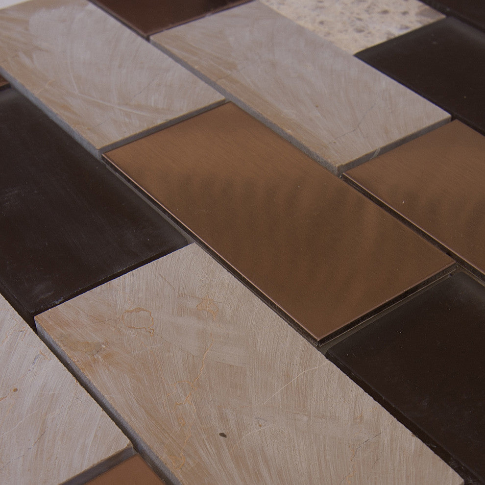 12"x12" Glass, Stone and Metal Mosaic Tile, Cordoba, Big Brick, Set of 5