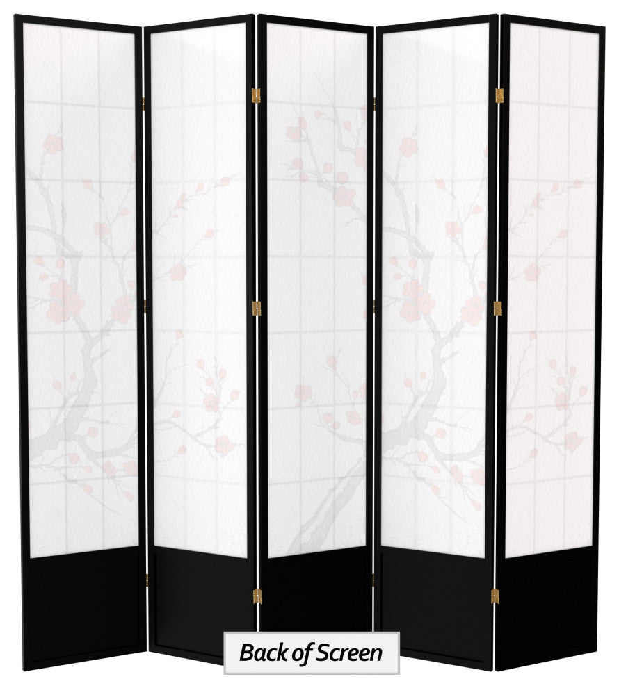 7' Tall Cherry Blossom Shoji Screen, Black, 5 Panels
