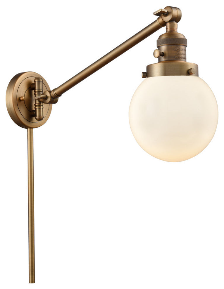 Beacon 1-Light LED Swing Arm Light, Brushed Brass, Glass: White Cased