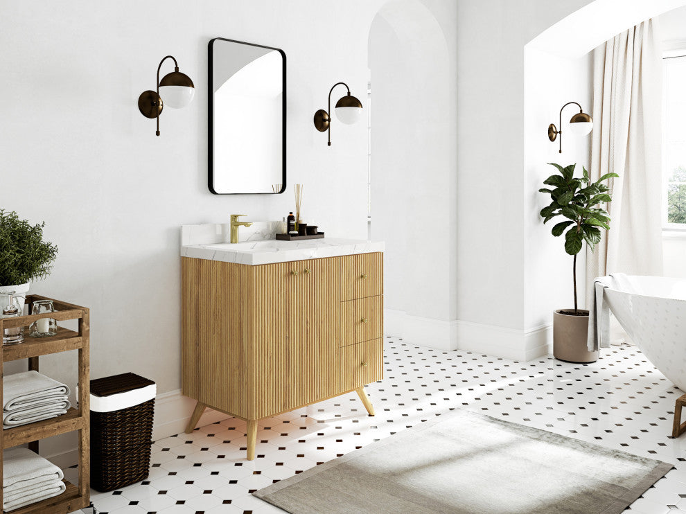 Pasadena 36 Left Offset  Bath Vanity in Light Natural Teak 2" Piatra Gray