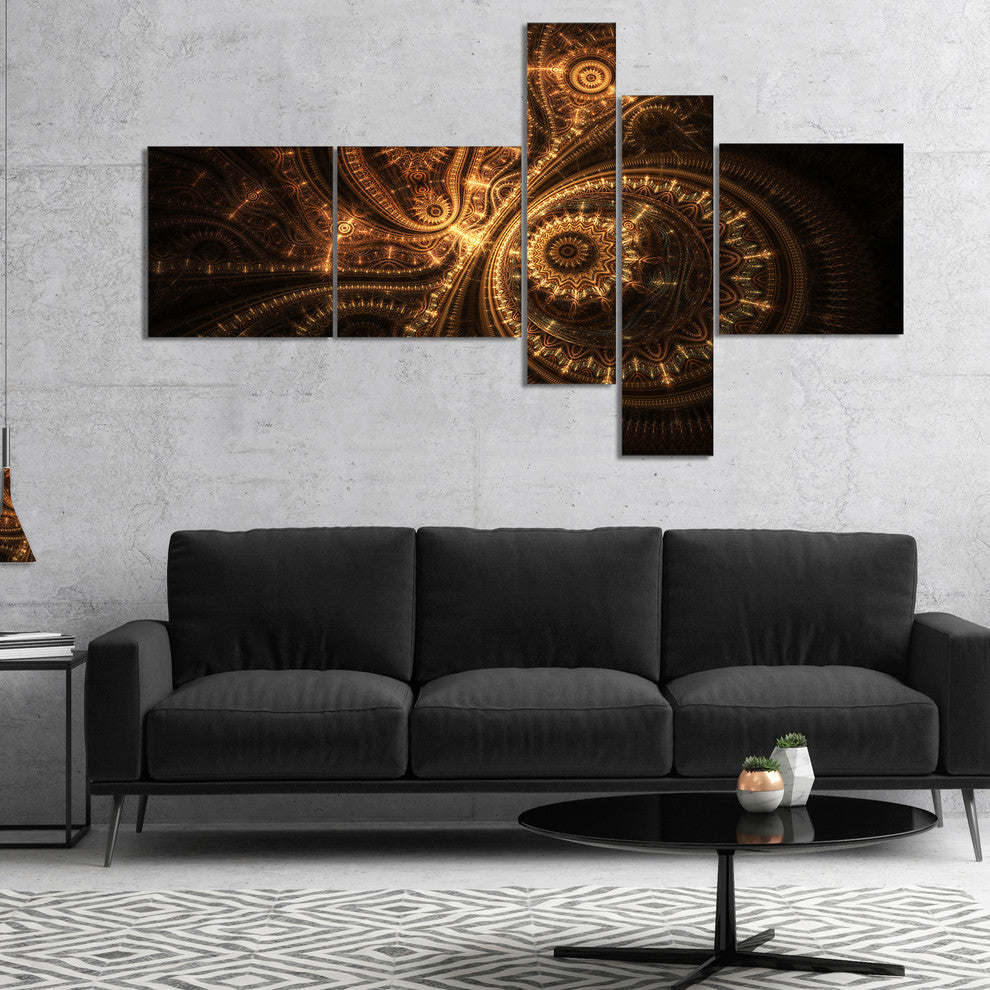 Green Fractal Flower in Dark, Yellow, Floral Art Canvas Print, 60"x32", 5 panels