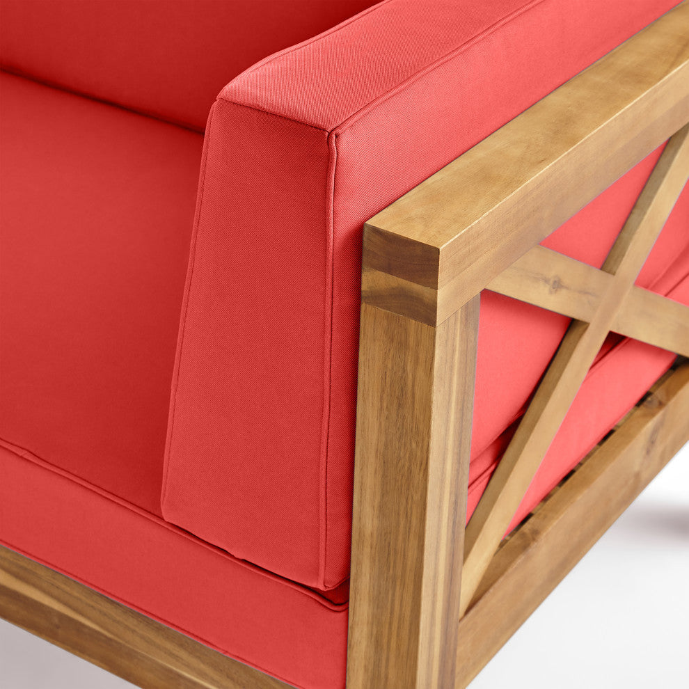 Bunny Outdoor 7 Seater Acacia Wood Sectional Sofa Set, Red