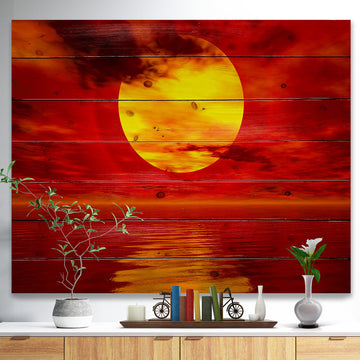 Designart Golden Sun Sinking Red Waters Seashore Wood Wall Art 46x36