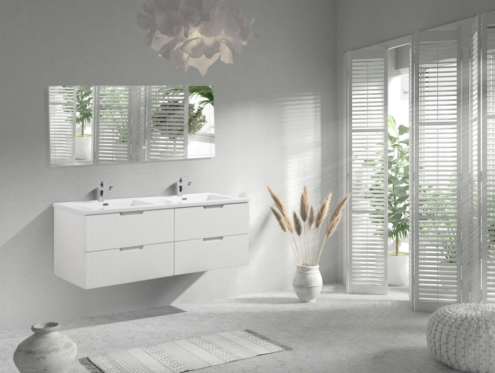 Themis Series White Wall Mount Vanity With A Integrated Sink, 60" Double