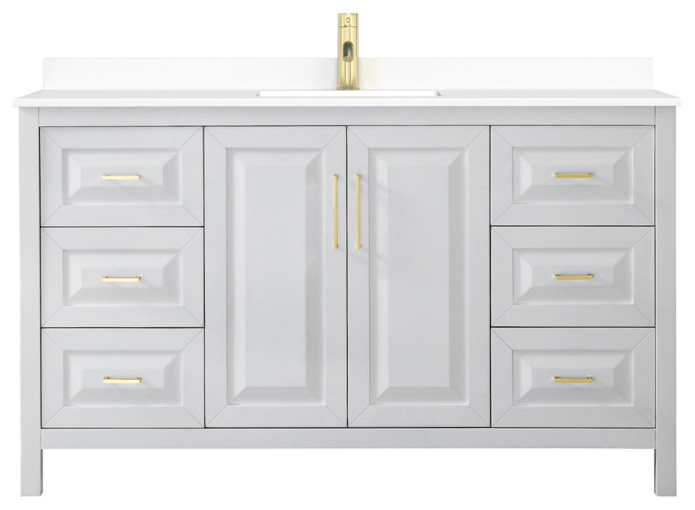 60" Single Bath Vanity, White, White Cult. Marble Countertop, Sink, Gold Trim