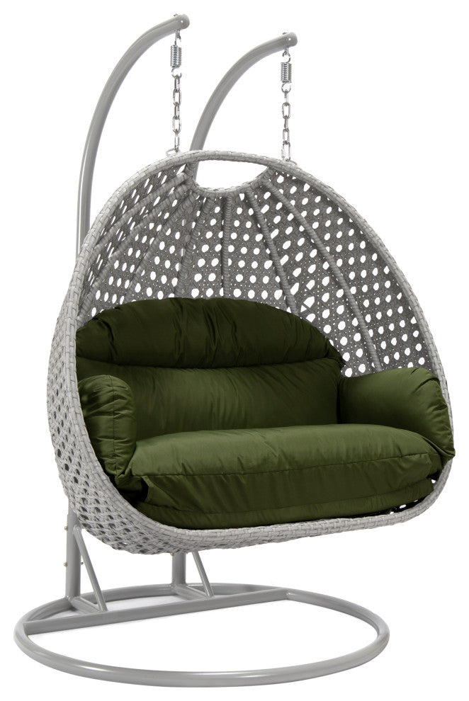 LeisureMod Mendoza Light Gray Wicker Hanging Double Egg Swing Chair, Dark Green