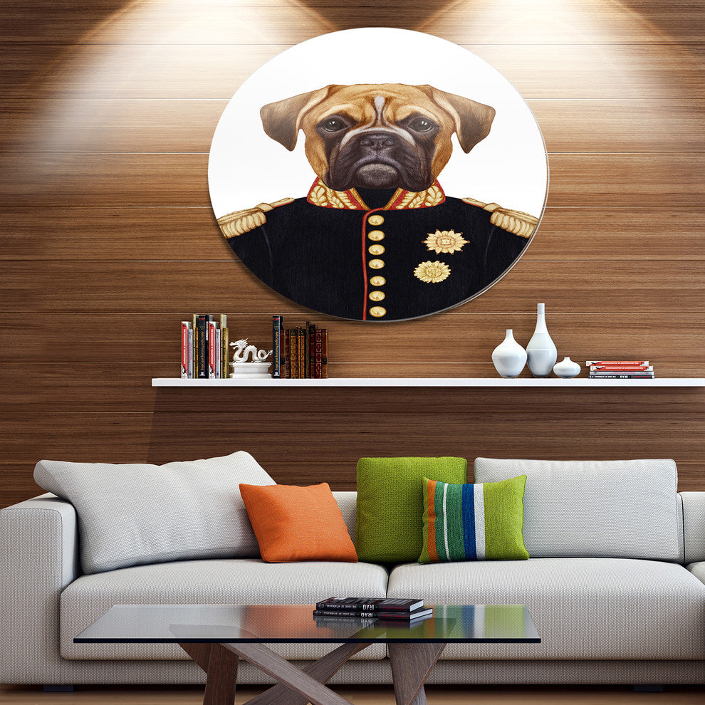 Funny Boxer Dog In Military Uniform, Modern Animal Round Wall Art, 23"