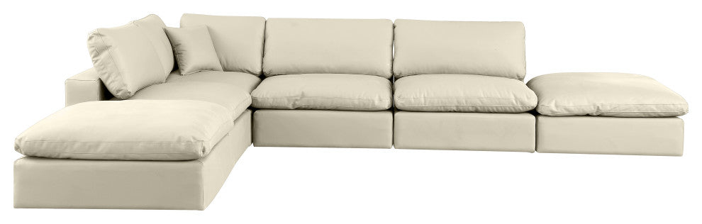 Comfy Upholstered L-Shaped Modular Sectional, Cream, 6-Piece: 3 Armless Chair, 1 Corner Chair, 2 Ottoman, Vegan Leather