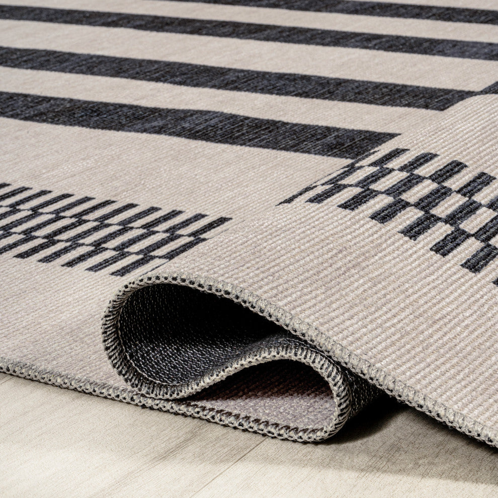 Vichy Geometric Striped Machine-Washable Area Rug, Cream/Black, 4x6