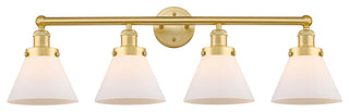 Large Cone 4-Light 35" Bath Vanity Light, Satin Gold Finish, Matte White Shade