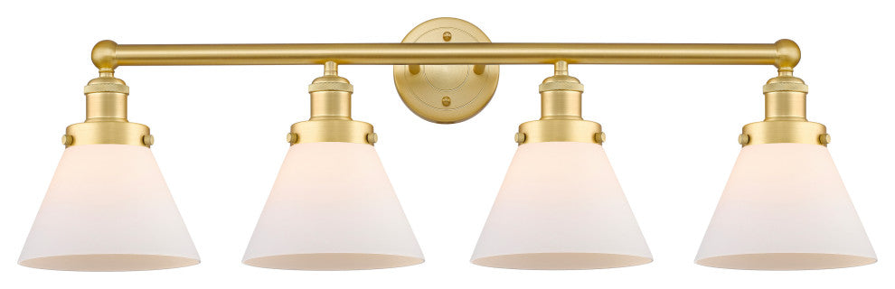 Large Cone 4-Light 35" Bath Vanity Light, Satin Gold Finish, Matte White Shade