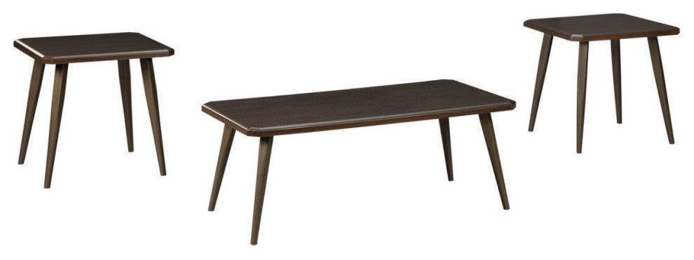 Wooden Table Set with Beveled Edges and Tapered Bottom, Set of Three, Dark Brown