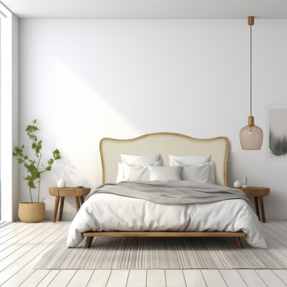 Elegant Oak Wood King-Size Headboard With Linen Upholstery, Natural and Beige