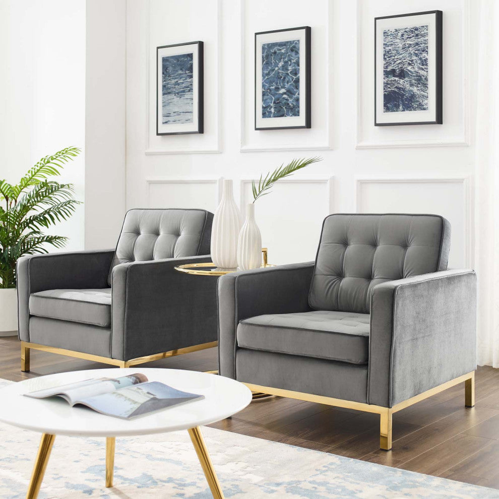 Armchair Accent Chair, Set of 2, Velvet, Gold Gray, Modern, Lounge