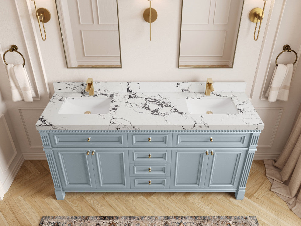 Paris 72" Double Sink Bathroom Vanity, Blue Heather 2" Viola Night