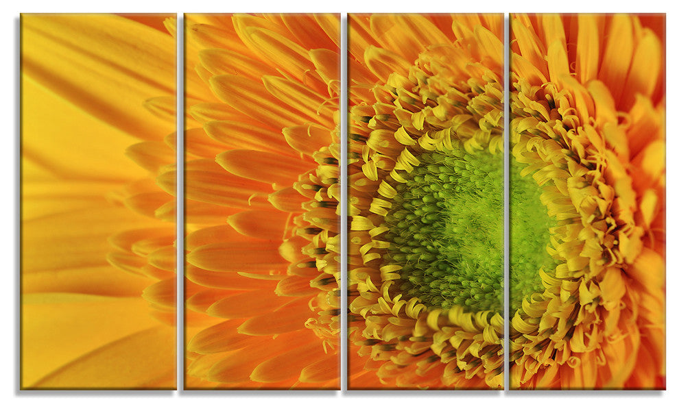 Yellow Daisy Gerbera Flower Close up, Flowers Canvas Artwork, 48"x28", 4 Panels