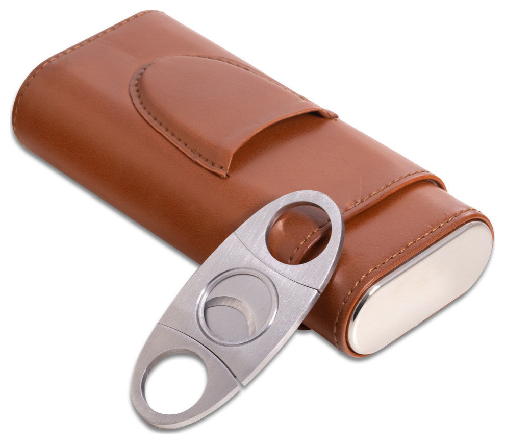 Brown Leather 3 Cigar Holder, Stainless Steel Cutter