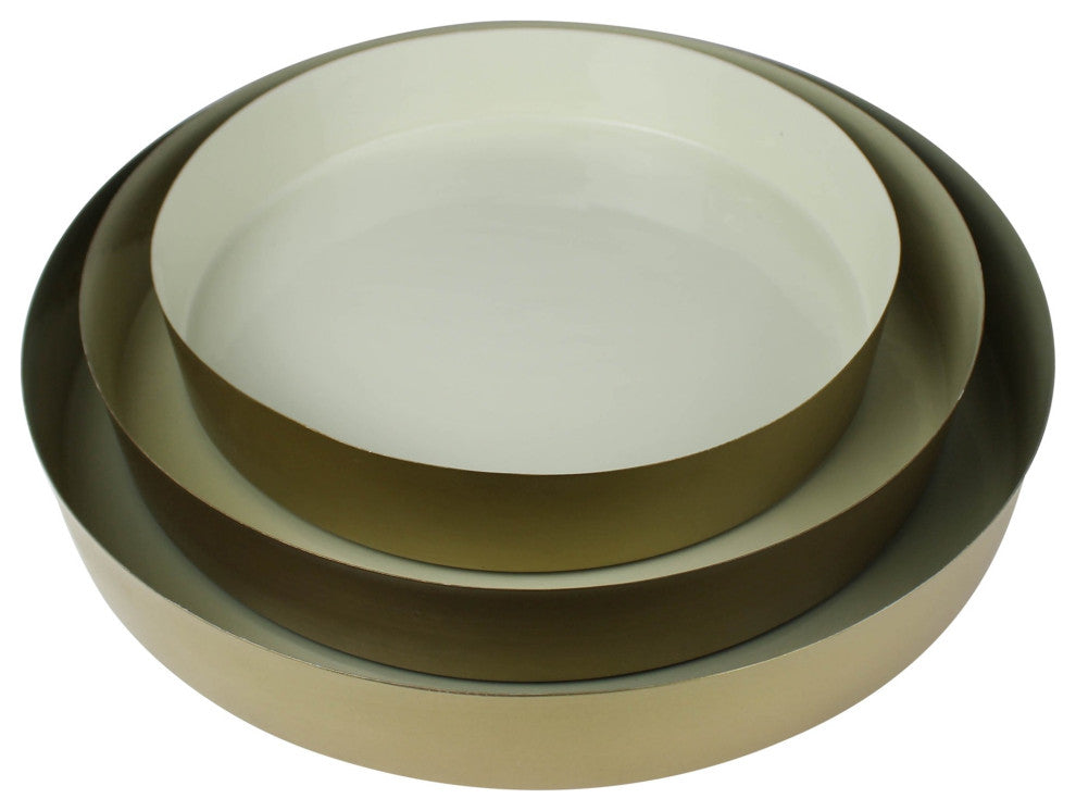 Set of Three Gold and Beige Metal Round Trays