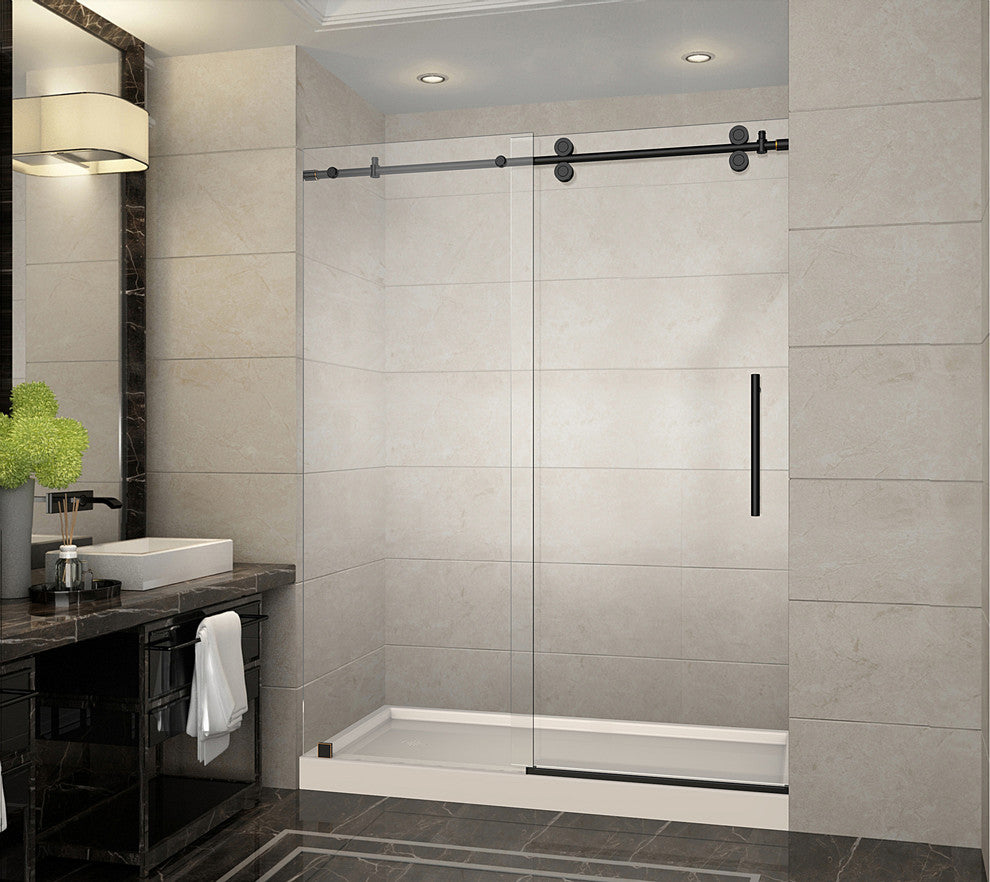 Langham Sliding Shower Door, Oil Rubbed Bronze With Left Drain Shower Base
