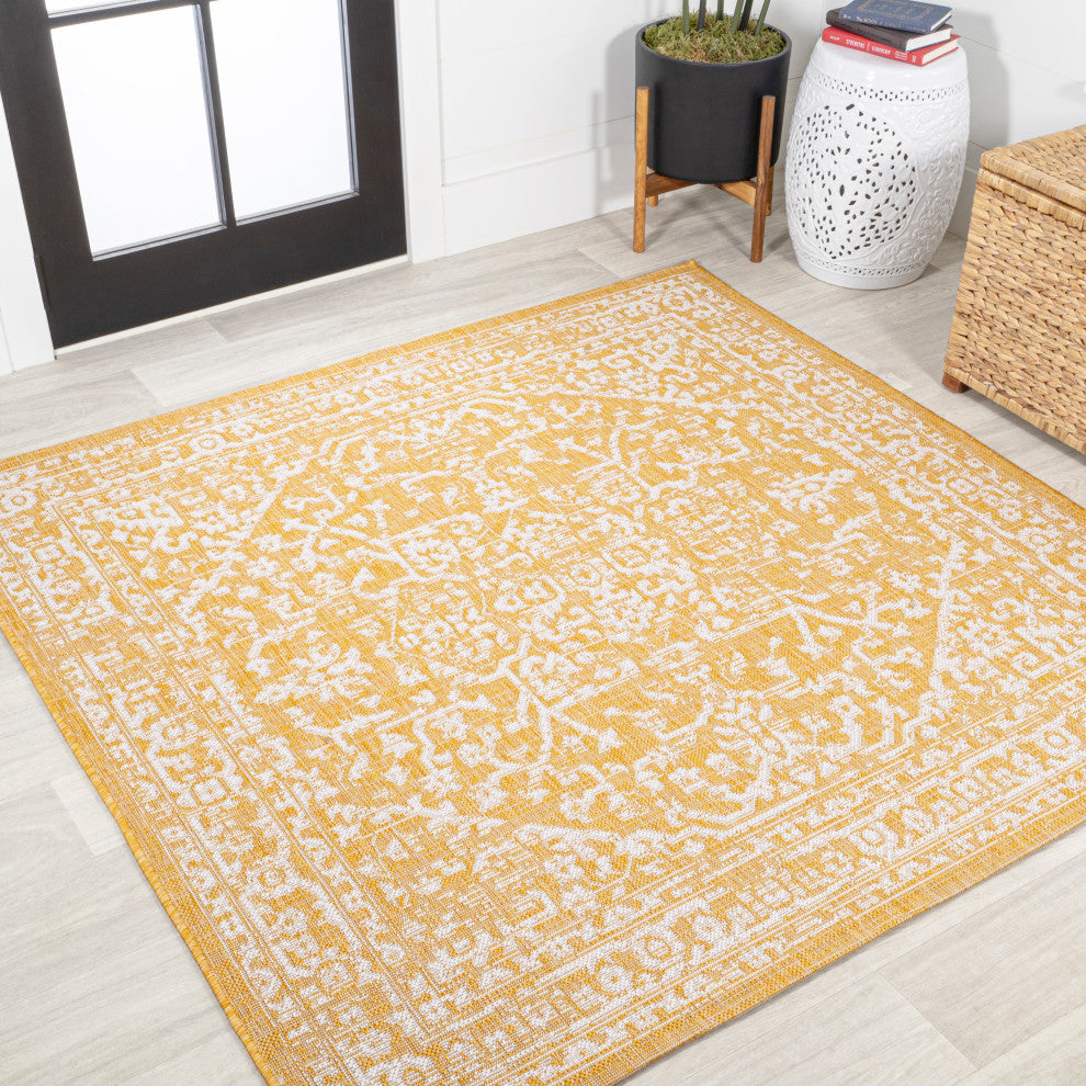 Malta Boho Medallion Textured Weave Indoor/Outdoor, Yellow/Cream, 5' Square