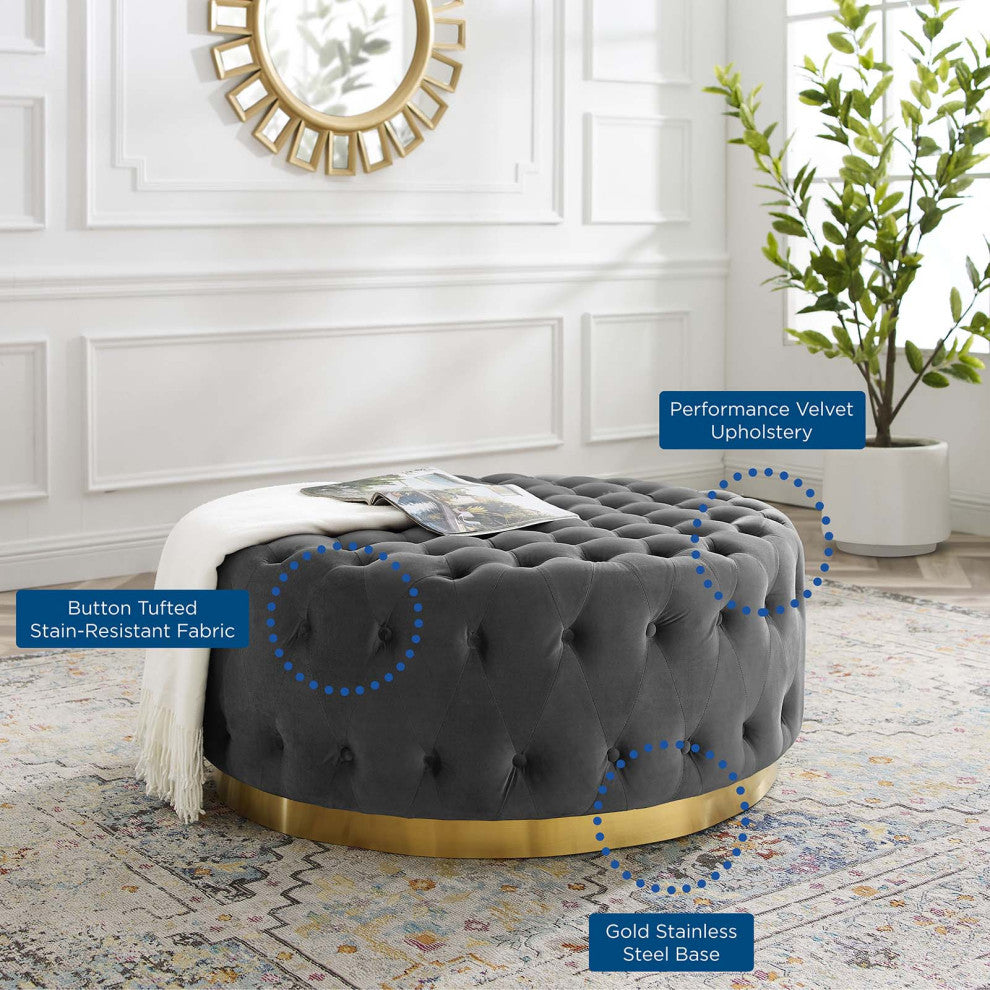 Tufted Accent Chair Ottoman, Round, Velvet, Gray, Modern, Lounge