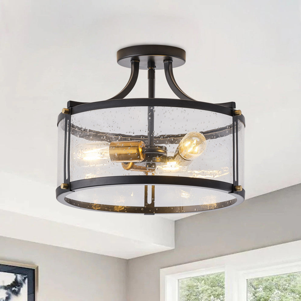 Farmhouse Matte Black 3-Light Seeded Glass Semi Flush Mount Ceiling Light