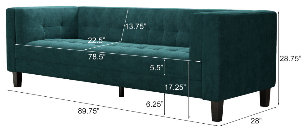 Sororia Velvet 3-Seater Low Profile Sofa, Green