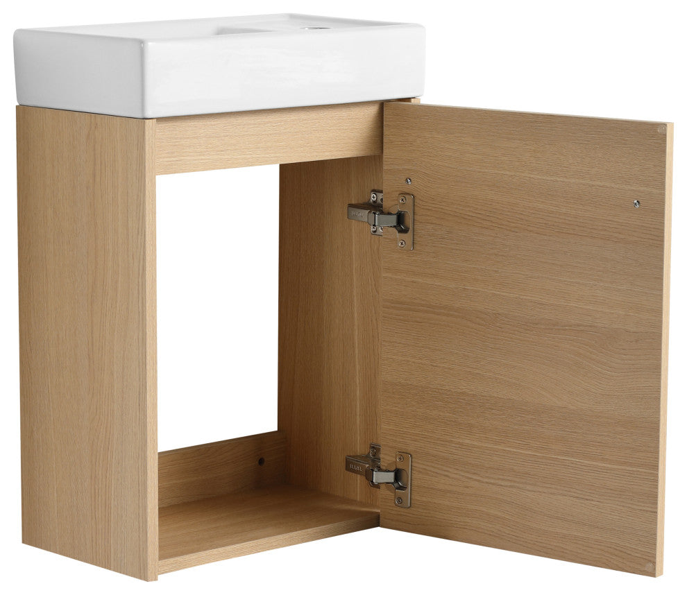 GDF Studio 16" Wall-Mounted Vanity, Ceramic Sink & Soft-Close Cabinet, Light Oak