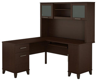 Pemberly Row Contemporary 60W L Shaped Desk with Hutch in Mocha Cherry