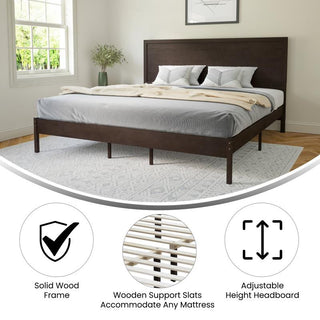 Asher Solid Wood Platform Bed with Wooden Slats and Headboard, Dark Brown, King