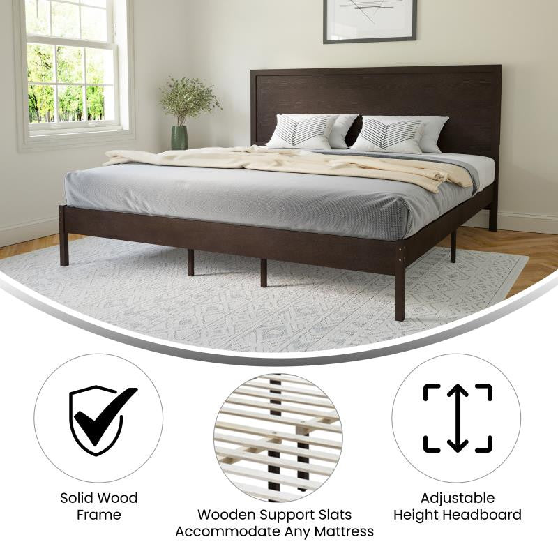 Asher Solid Wood Platform Bed with Wooden Slats and Headboard, Dark Brown, King