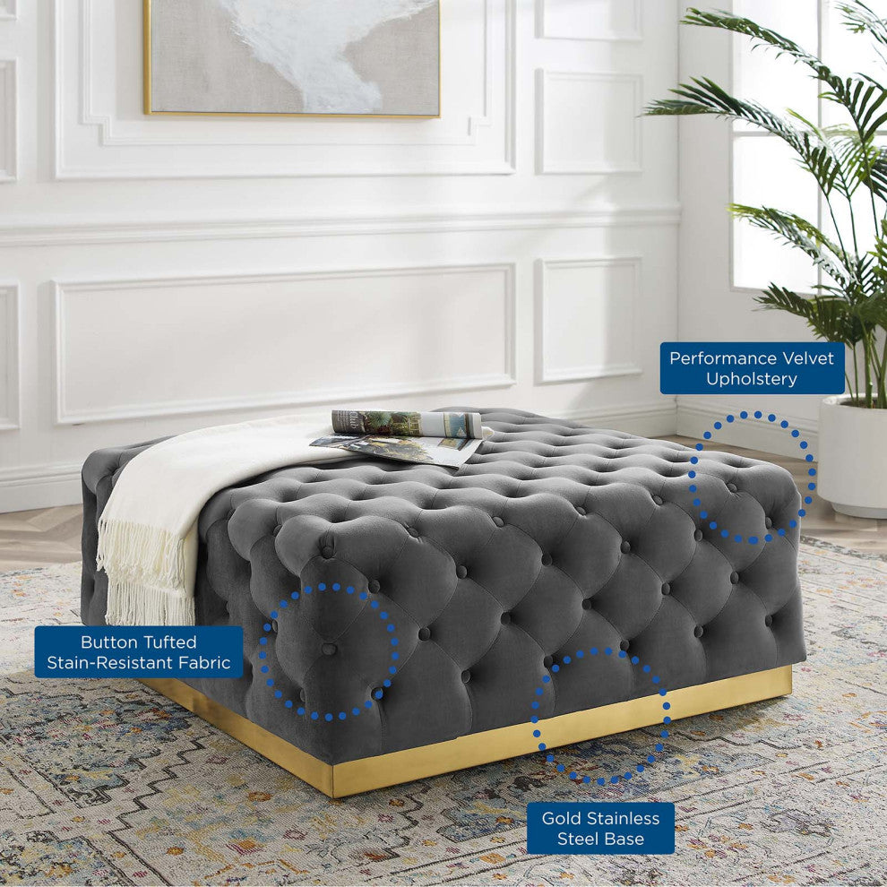 Tufted Accent Chair Ottoman, Square, Velvet, Gray, Modern, Lounge